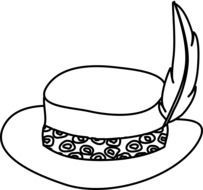 Black and white drawing of the hat with the feather