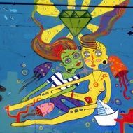 man and woman in love underwater, colorful graffiti