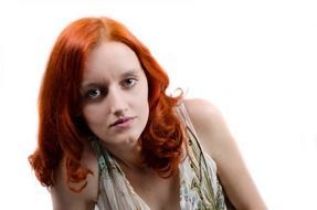 red hair model on a white background