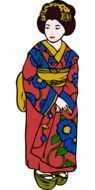 japanese woman in colorful kimono, drawing