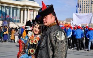 couple in national costumes of Mongolia