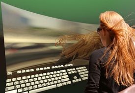 red haired woman at computer, futuristic collage