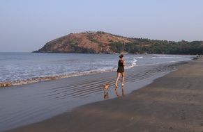 girl and little dog walking on the beach