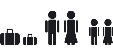 Black and white drawing of a family with suitcases.