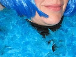 blue haired woman in feather boa, detail