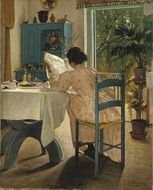 Painting of woman eating her breakfast