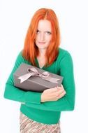 red hair woman with a present