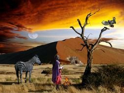 savanna, collage with zebra and african woman