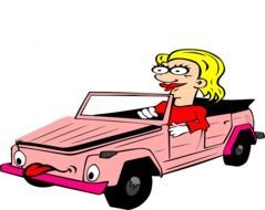 cartoon blond woman in pink cabriolet with tongue sticking out