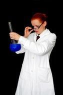 girl in a white coat with a flask