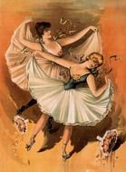 drawing of ballerinas on a vintage postcard