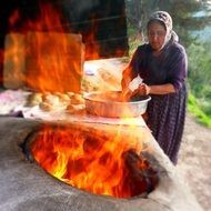 rustic stove on fire