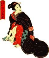 japanese woman in kimono cleans feet, ancient drawing