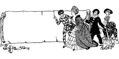 drawn actors in masquerade costumes on the background of a banner