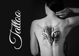 tattoo, cat head drawing on girl's back