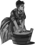 painted woman washes clothes in a wooden basin