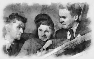 black and white drawing of a woman with men