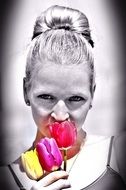 woman with three tulips, digital art