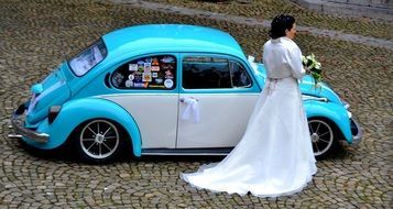 bride wedding dress retro car