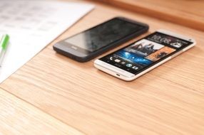 mobile phones on a wooden table