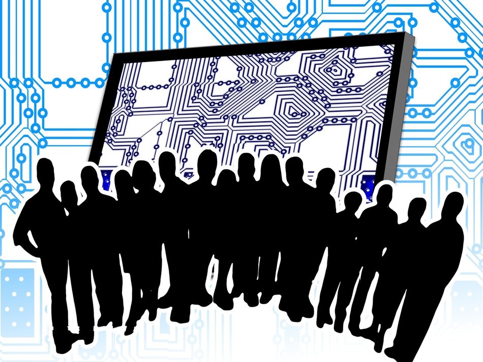team silhouette on monitor background