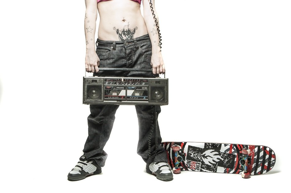 teen girl with tape recorder in hands