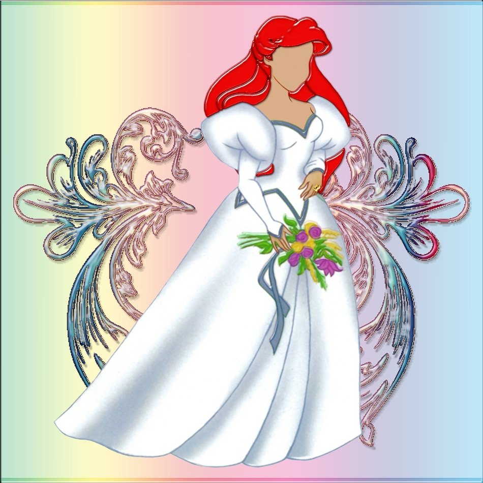 Drawing of loving princess in white dress and with red long hair