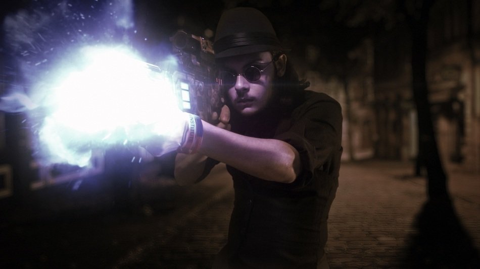 boy with blaster on the street