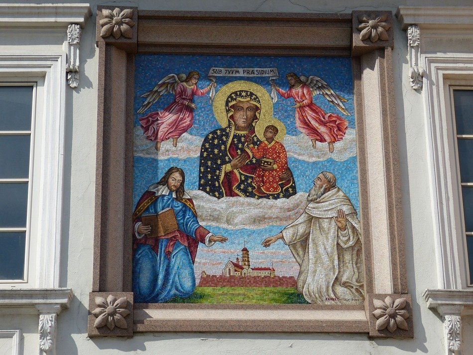 face of the mother of God on the wall of the church