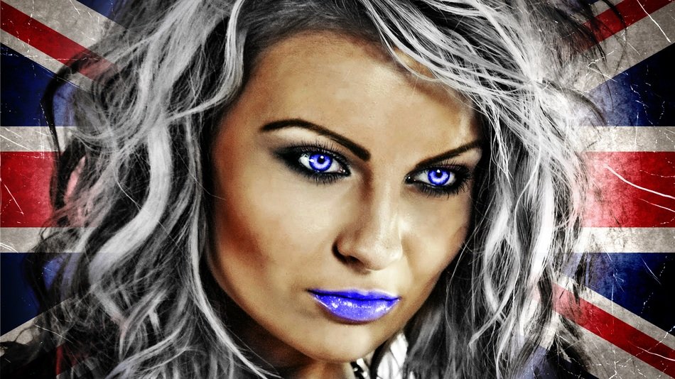 portrait of a beautiful girl with purple lips on the background of the flag of England