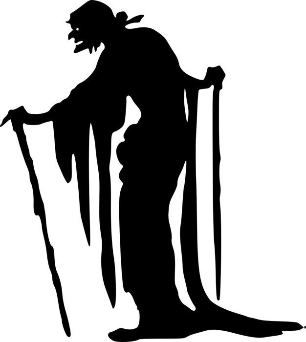 old ugly witch with two sticks, black silhouette