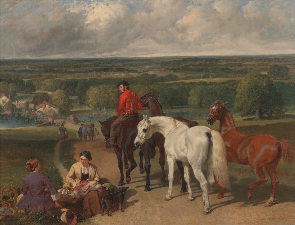 john herring painting, horse rider talking with women in country landscape