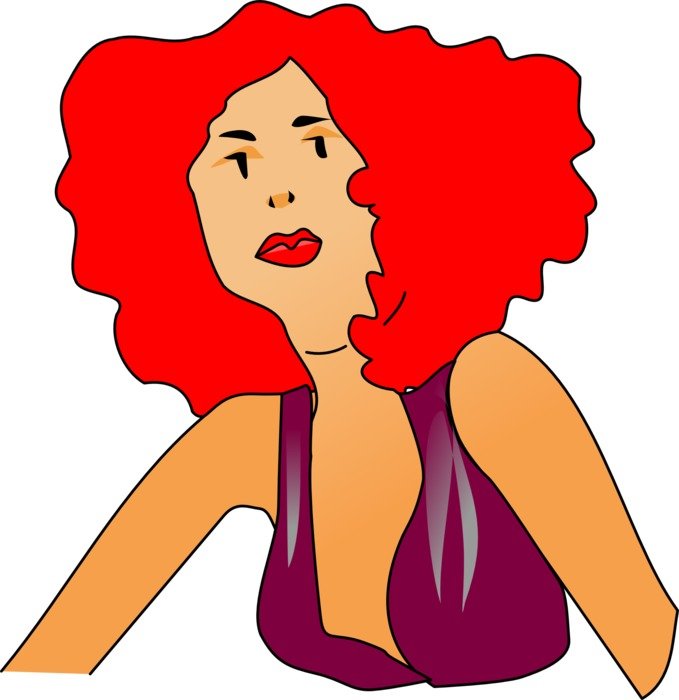 painted woman with red hair and purple dress