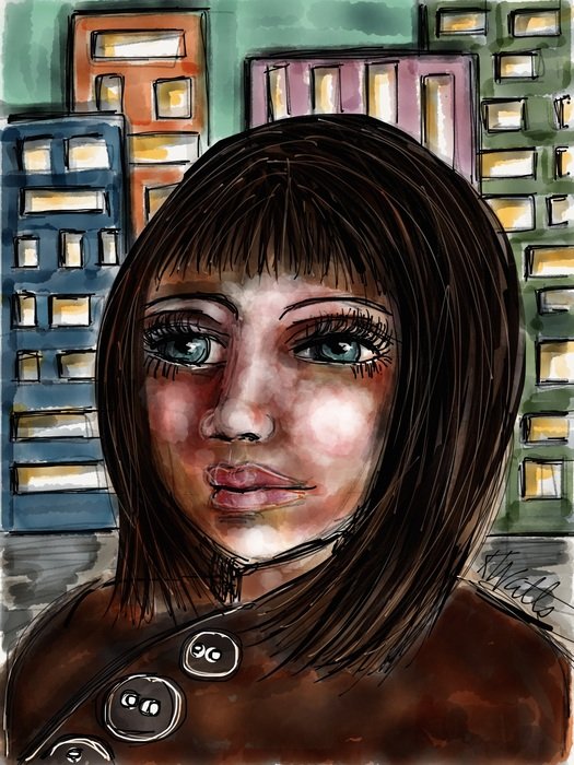 graphic image of a woman on the background of houses
