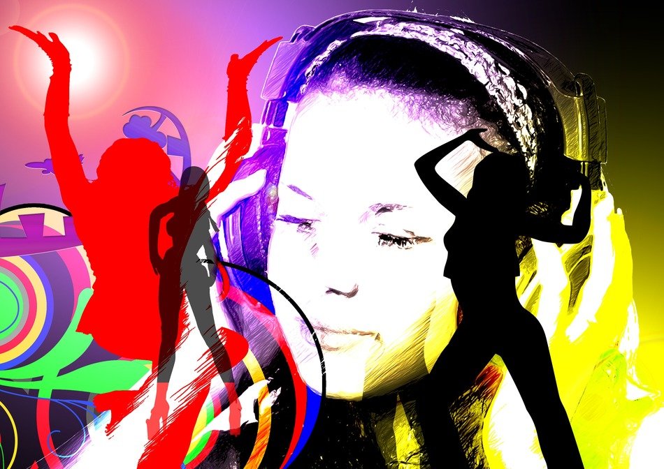 image of a girl in headphones against the background of dancing people
