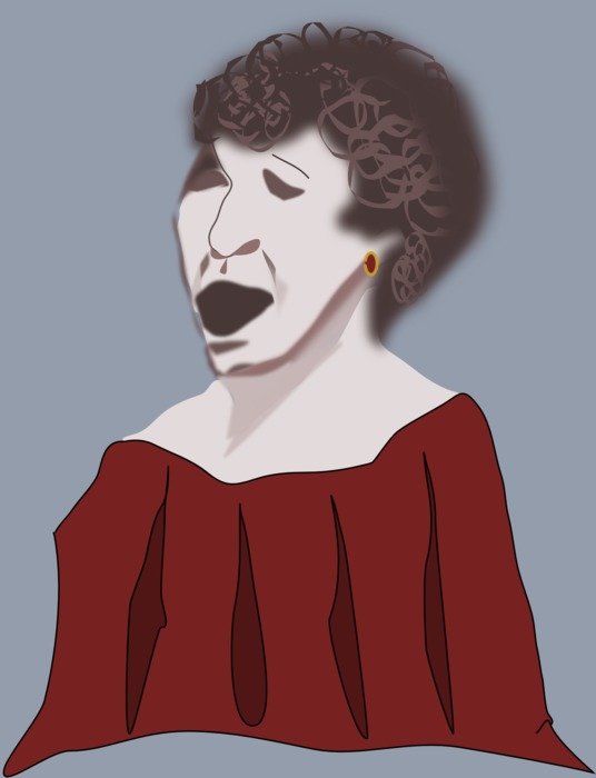 drawing of an old woman in a red dress