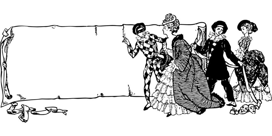drawn actors in masquerade costumes on the background of a banner
