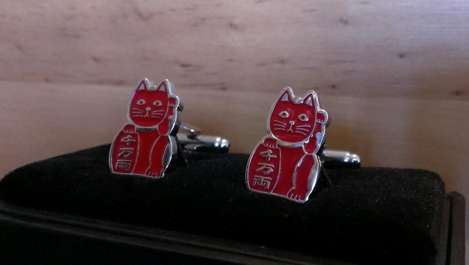 red cat form cufflinks, lucky charm