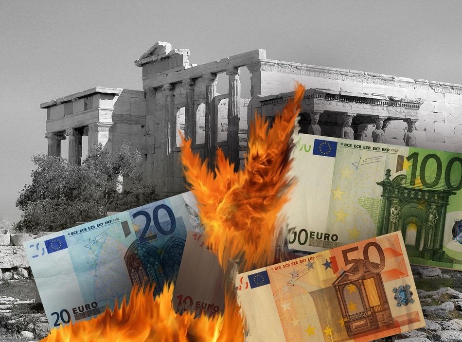 image of burning euros against the background of the temple in Greece