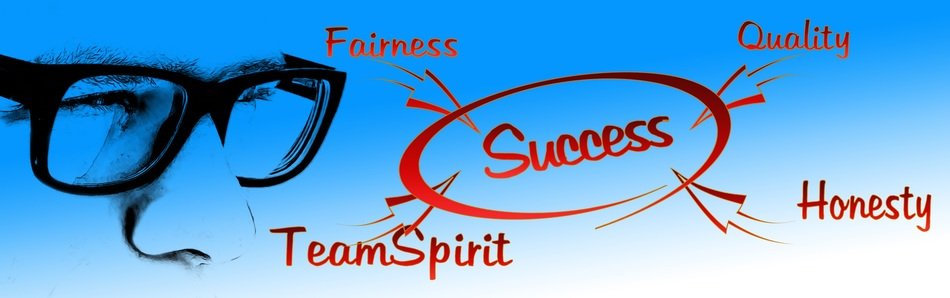 components of success on the background of a face with glasses