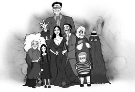 black and white photo of the Addams family
