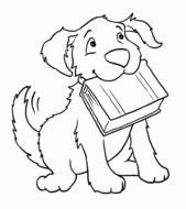 coloring page with cute dog with book in maw