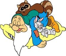 cartoon gnome and animals sleeping on a pillow