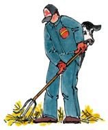 painted farmer cleaning hay
