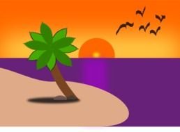 painted tropical island, purple sea and orange sunset