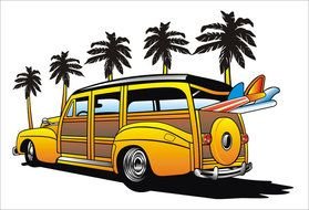 drawing of a car on a background of palm trees