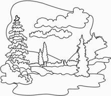 Black and white drawing of the forest landscape clipart