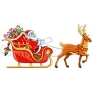 cartoon Santa with christmas gifts in sleds driven with deer