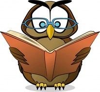 cartoon owl in blue glases reads book