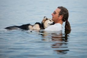 cute Dog With Man In Water
